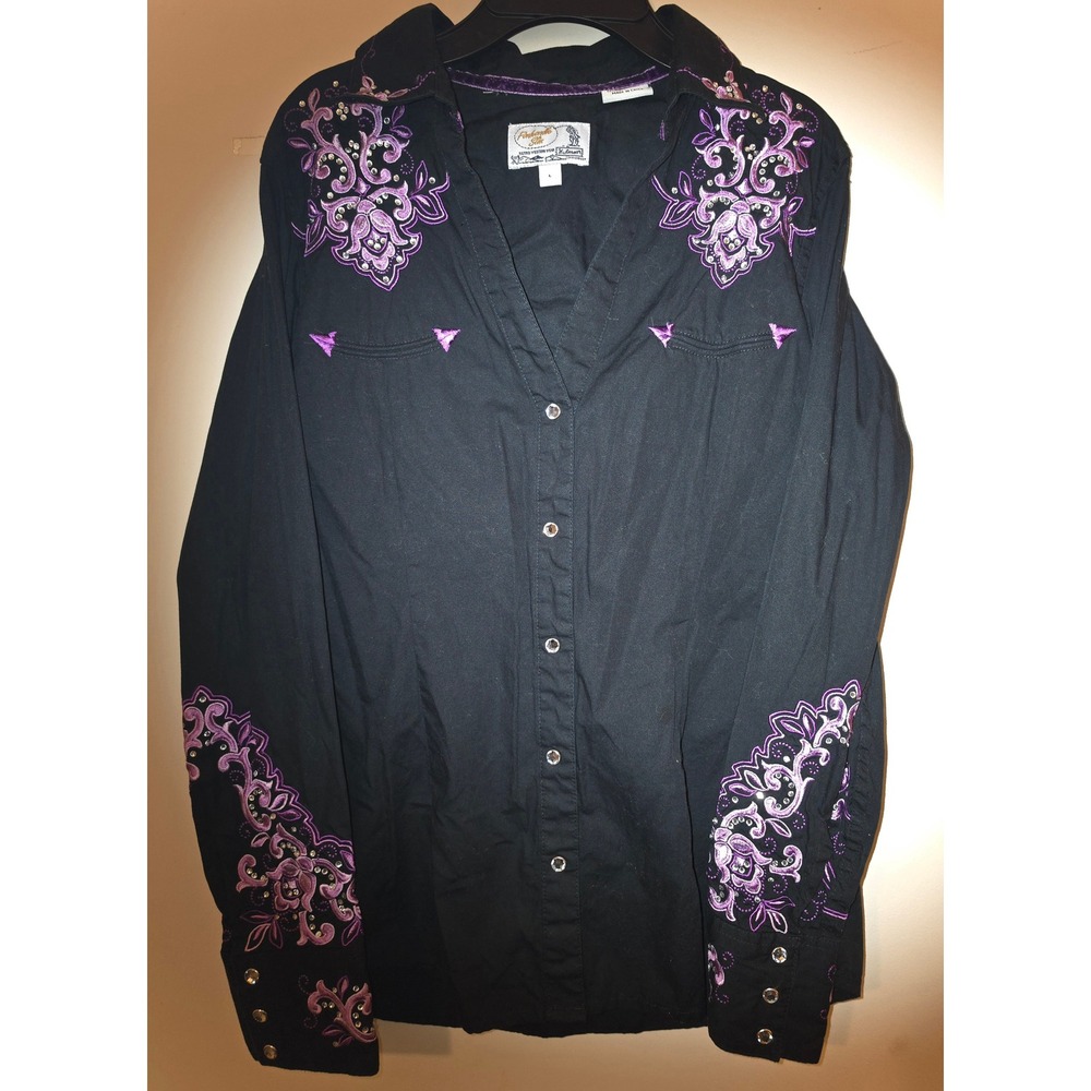 Panhandle Slim Retro Western Shirt Black Purple Embroidered Rhinestone Large
